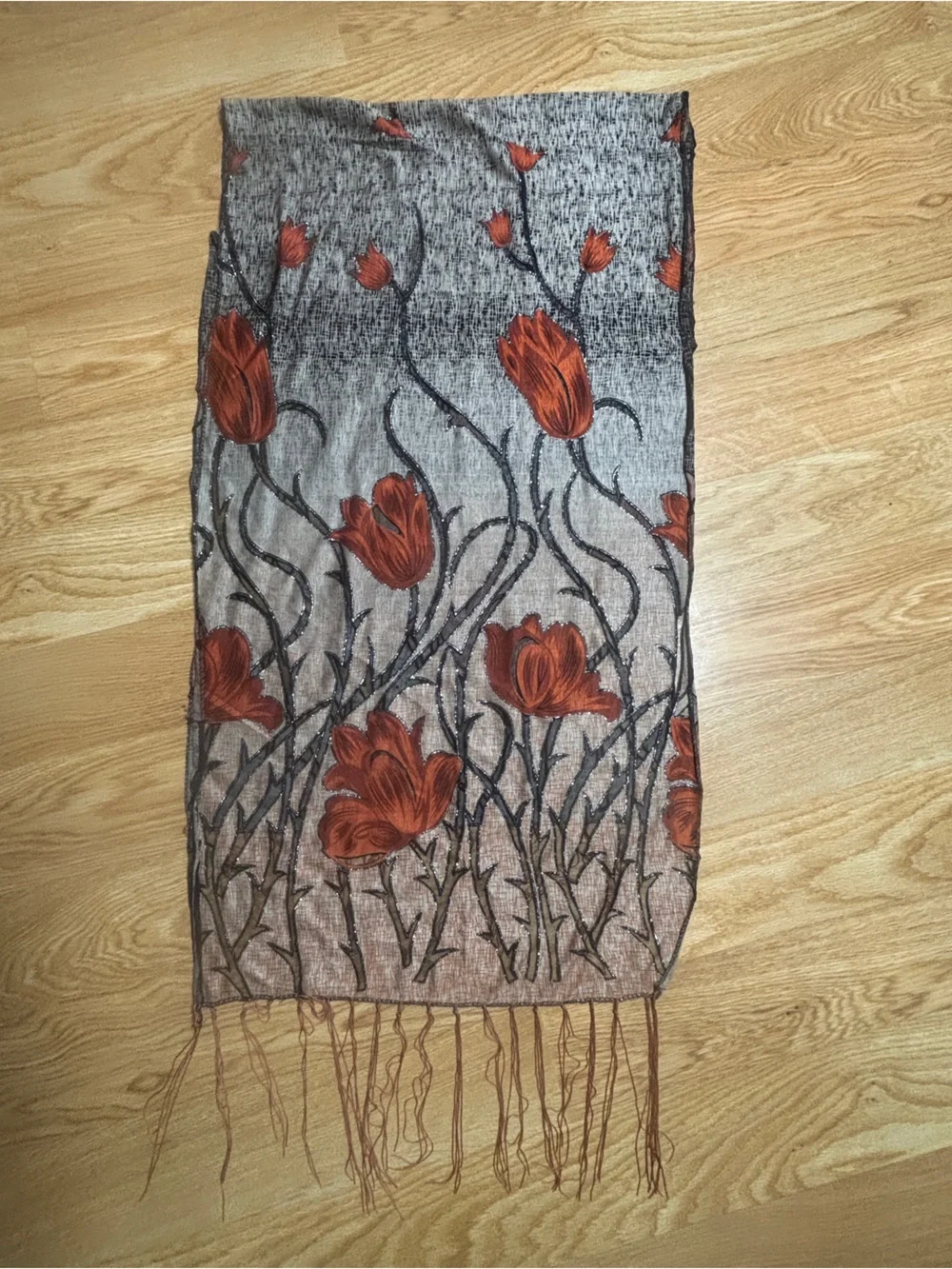 Lightweight Floral Fringe Scarf in Taupe and Rust